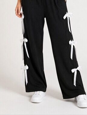 Black & White Ribbon Bow Wide Leg Pants Size Large Coquette